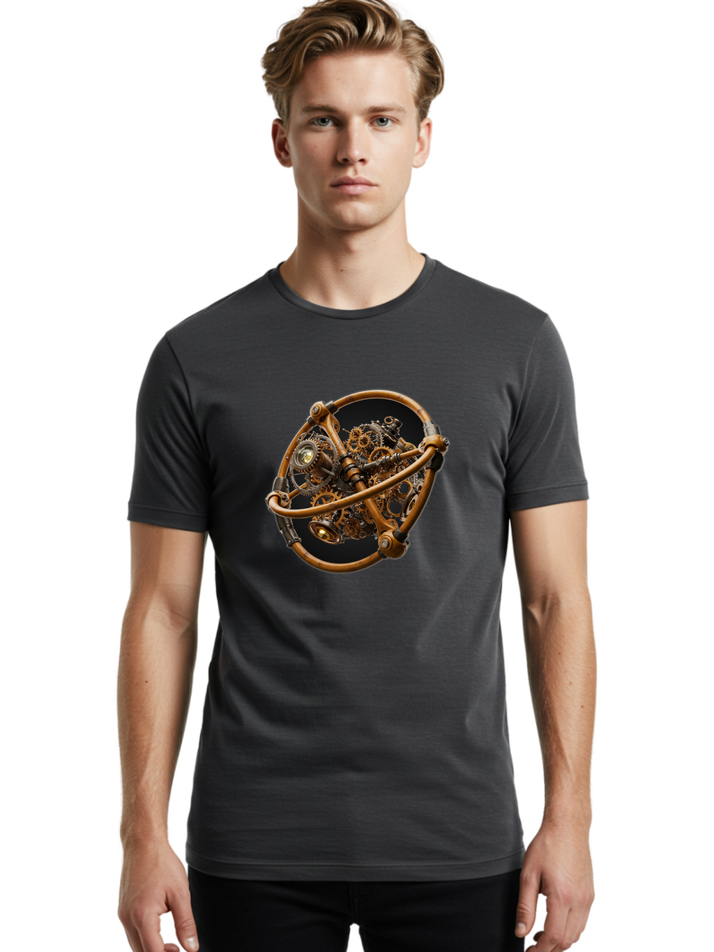 Steampunk-Gear-Globe Men'S Graphic Tee, 100% Cotton, Comfortable Casual Summer Wear, Machine Washable, Vintage Camera, Old Camera, Antique Camera, Black Camera, Classic Photography, Photography Equipment, Nostalgic Device, Film Camera, Bao925