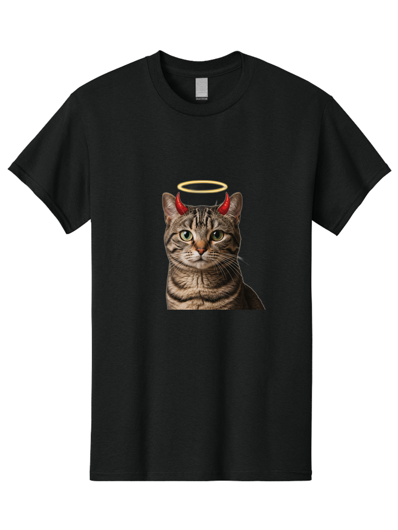 Tabby-Cat-With-Devil-Horns-And-Halo Men'S Graphic Tee, 100% Cotton, Comfortable Casual Summer Wear, Machine Washable, Vintage Camera, Old Camera, Antique Camera, Black Camera, Classic Photography, Photography Equipment, Nostalgic Device, Bao937