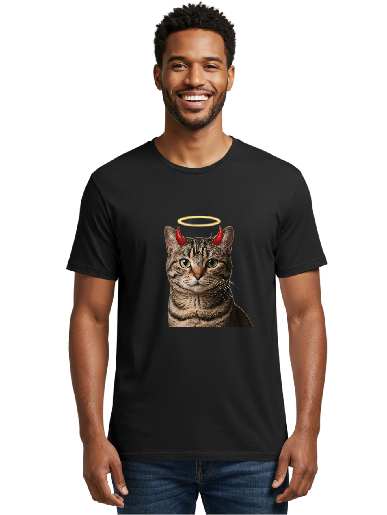 Tabby-Cat-With-Devil-Horns-And-Halo Men'S Graphic Tee, 100% Cotton, Comfortable Casual Summer Wear, Machine Washable, Vintage Camera, Old Camera, Antique Camera, Black Camera, Classic Photography, Photography Equipment, Nostalgic Device, Bao937