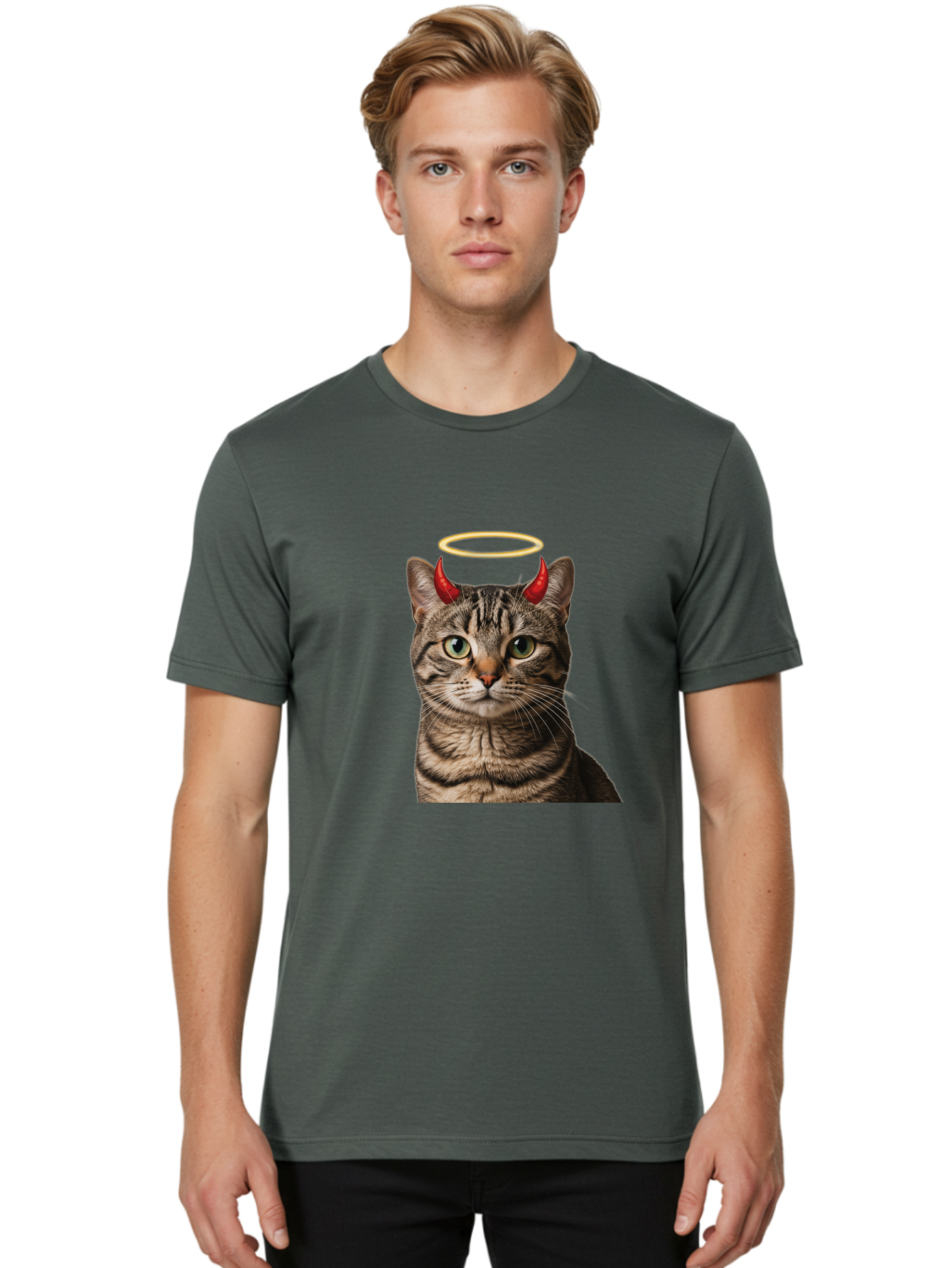 Tabby-Cat-With-Devil-Horns-And-Halo Men'S Graphic Tee, 100% Cotton, Comfortable Casual Summer Wear, Machine Washable, Vintage Camera, Old Camera, Antique Camera, Black Camera, Classic Photography, Photography Equipment, Nostalgic Device, Bao937
