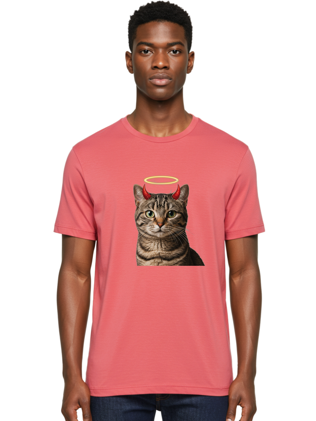 Tabby-Cat-With-Devil-Horns-And-Halo Men'S Graphic Tee, 100% Cotton, Comfortable Casual Summer Wear, Machine Washable, Vintage Camera, Old Camera, Antique Camera, Black Camera, Classic Photography, Photography Equipment, Nostalgic Device, Bao937