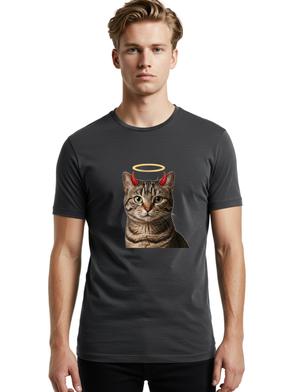 Tabby-Cat-With-Devil-Horns-And-Halo Men'S Graphic Tee, 100% Cotton, Comfortable Casual Summer Wear, Machine Washable, Vintage Camera, Old Camera, Antique Camera, Black Camera, Classic Photography, Photography Equipment, Nostalgic Device, Bao937