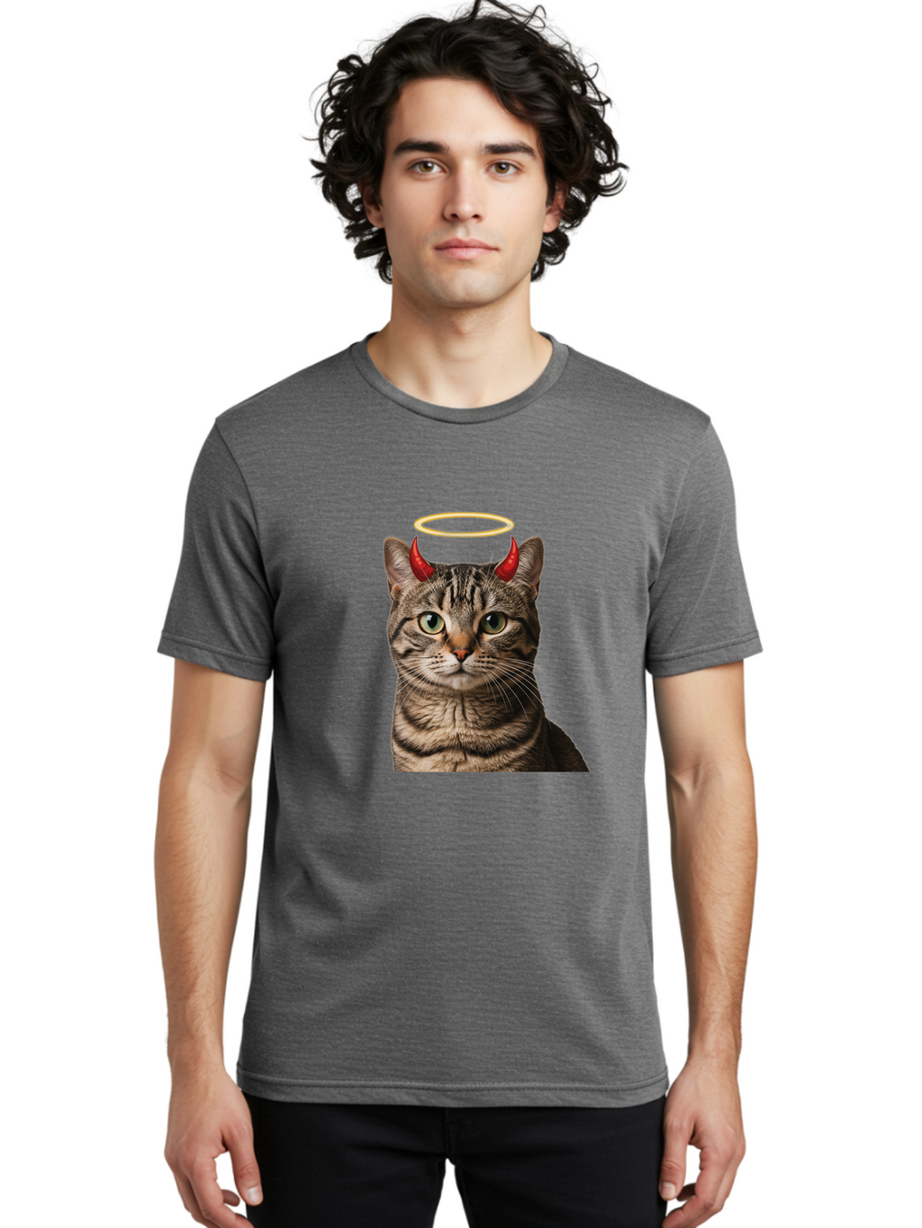 Tabby-Cat-With-Devil-Horns-And-Halo Men'S Graphic Tee, 100% Cotton, Comfortable Casual Summer Wear, Machine Washable, Vintage Camera, Old Camera, Antique Camera, Black Camera, Classic Photography, Photography Equipment, Nostalgic Device, Bao937