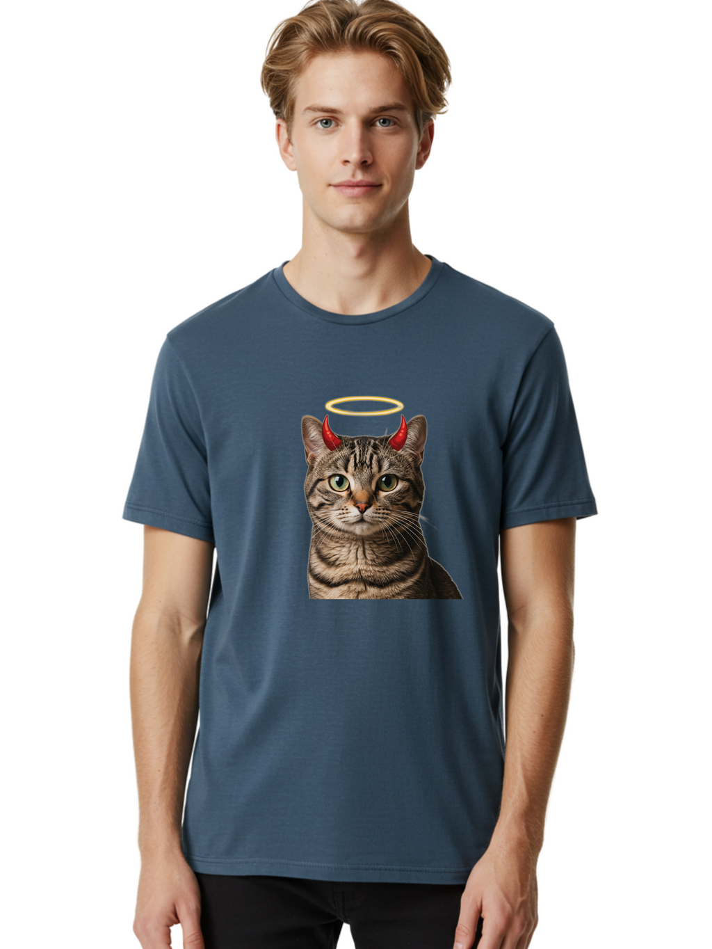 Tabby-Cat-With-Devil-Horns-And-Halo Men'S Graphic Tee, 100% Cotton, Comfortable Casual Summer Wear, Machine Washable, Vintage Camera, Old Camera, Antique Camera, Black Camera, Classic Photography, Photography Equipment, Nostalgic Device, Bao937