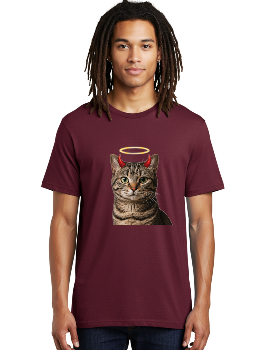 Tabby-Cat-With-Devil-Horns-And-Halo Men'S Graphic Tee, 100% Cotton, Comfortable Casual Summer Wear, Machine Washable, Vintage Camera, Old Camera, Antique Camera, Black Camera, Classic Photography, Photography Equipment, Nostalgic Device, Bao937