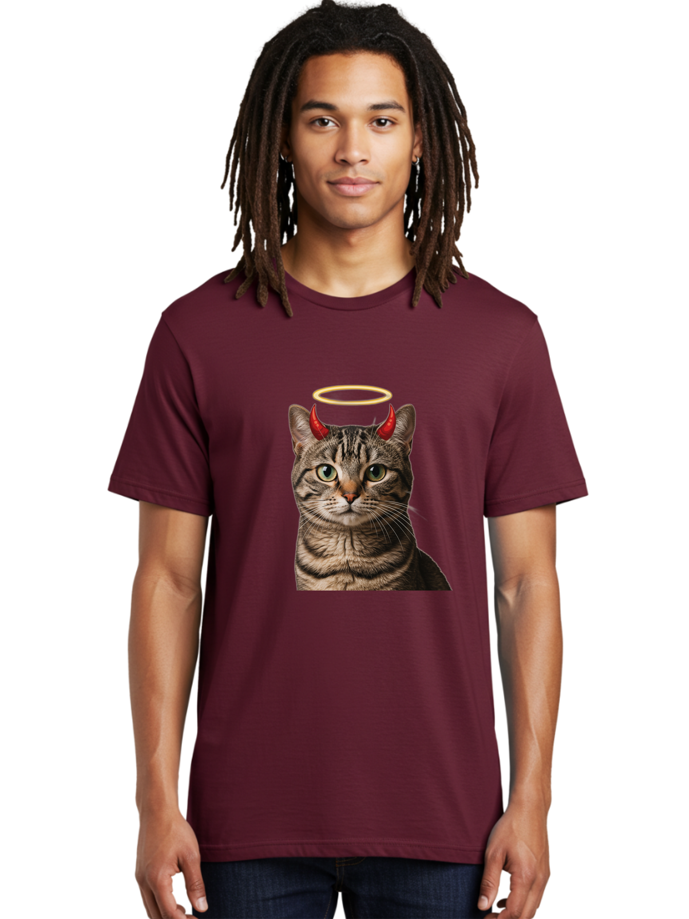 Tabby-Cat-With-Devil-Horns-And-Halo Men'S Graphic Tee, 100% Cotton, Comfortable Casual Summer Wear, Machine Washable, Vintage Camera, Old Camera, Antique Camera, Black Camera, Classic Photography, Photography Equipment, Nostalgic Device, Bao937