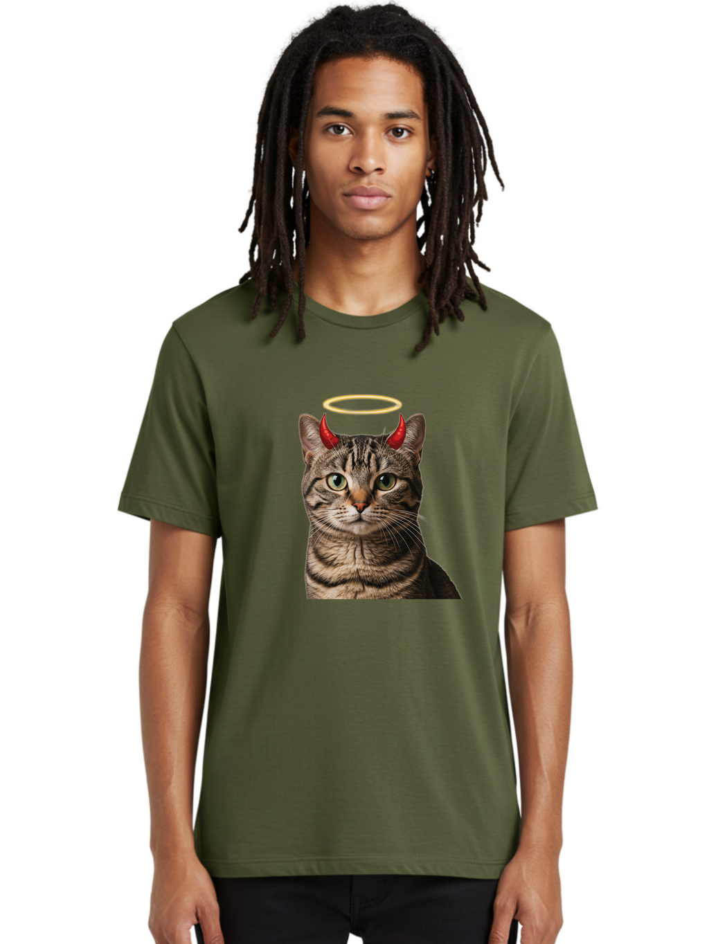 Tabby-Cat-With-Devil-Horns-And-Halo Men'S Graphic Tee, 100% Cotton, Comfortable Casual Summer Wear, Machine Washable, Vintage Camera, Old Camera, Antique Camera, Black Camera, Classic Photography, Photography Equipment, Nostalgic Device, Bao937
