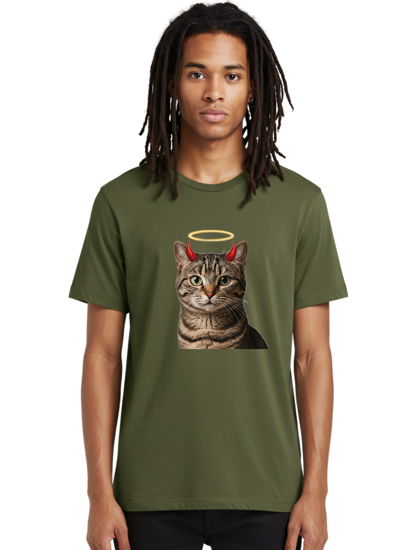 Tabby-Cat-With-Devil-Horns-And-Halo Men'S Graphic Tee, 100% Cotton, Comfortable Casual Summer Wear, Machine Washable, Vintage Camera, Old Camera, Antique Camera, Black Camera, Classic Photography, Photography Equipment, Nostalgic Device, Bao937