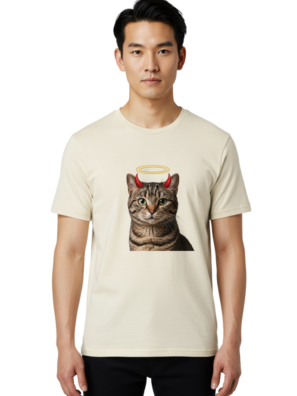 Tabby-Cat-With-Devil-Horns-And-Halo Men'S Graphic Tee, 100% Cotton, Comfortable Casual Summer Wear, Machine Washable, Vintage Camera, Old Camera, Antique Camera, Black Camera, Classic Photography, Photography Equipment, Nostalgic Device, Bao937