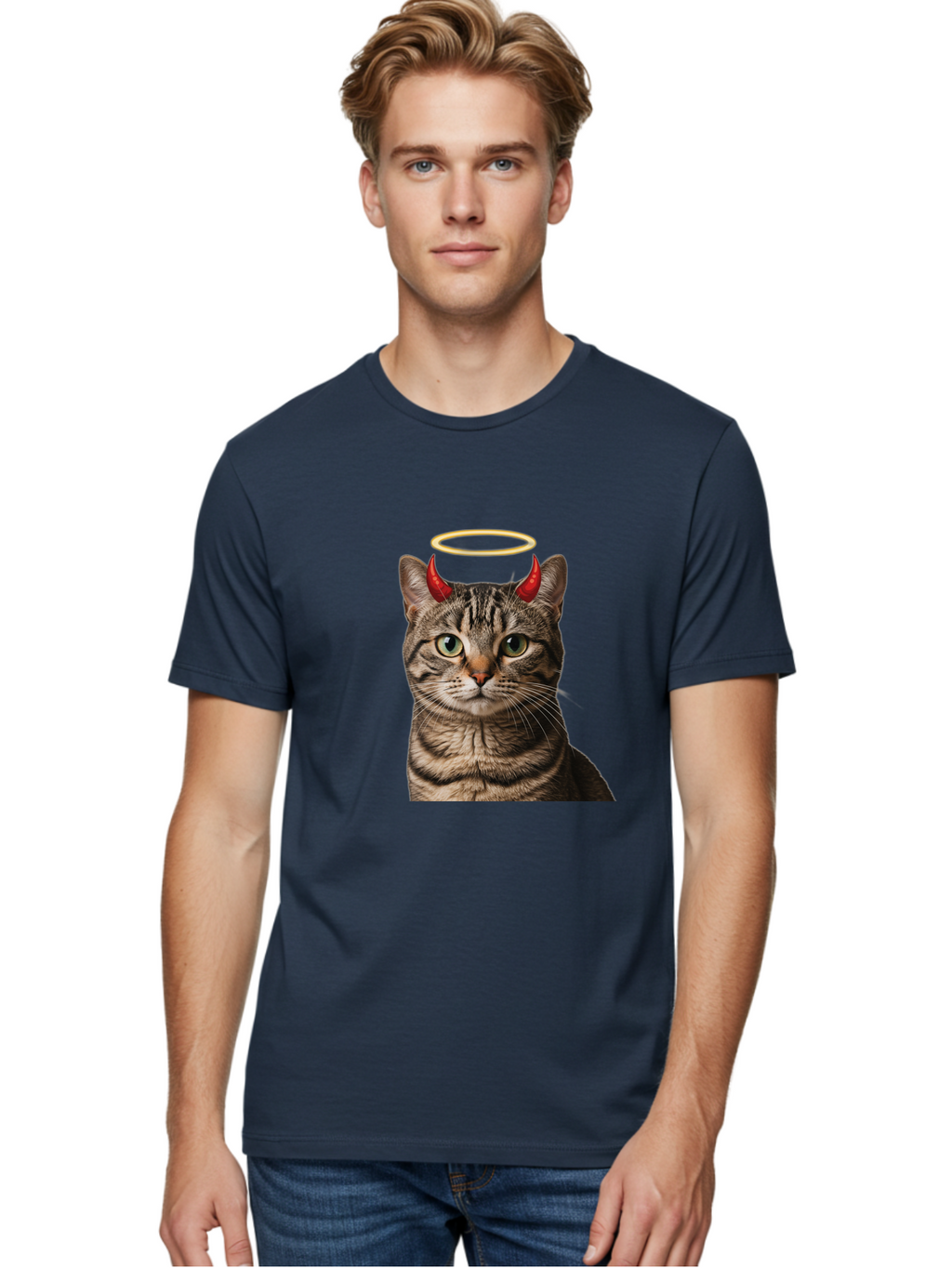 Tabby-Cat-With-Devil-Horns-And-Halo Men'S Graphic Tee, 100% Cotton, Comfortable Casual Summer Wear, Machine Washable, Vintage Camera, Old Camera, Antique Camera, Black Camera, Classic Photography, Photography Equipment, Nostalgic Device, Bao937