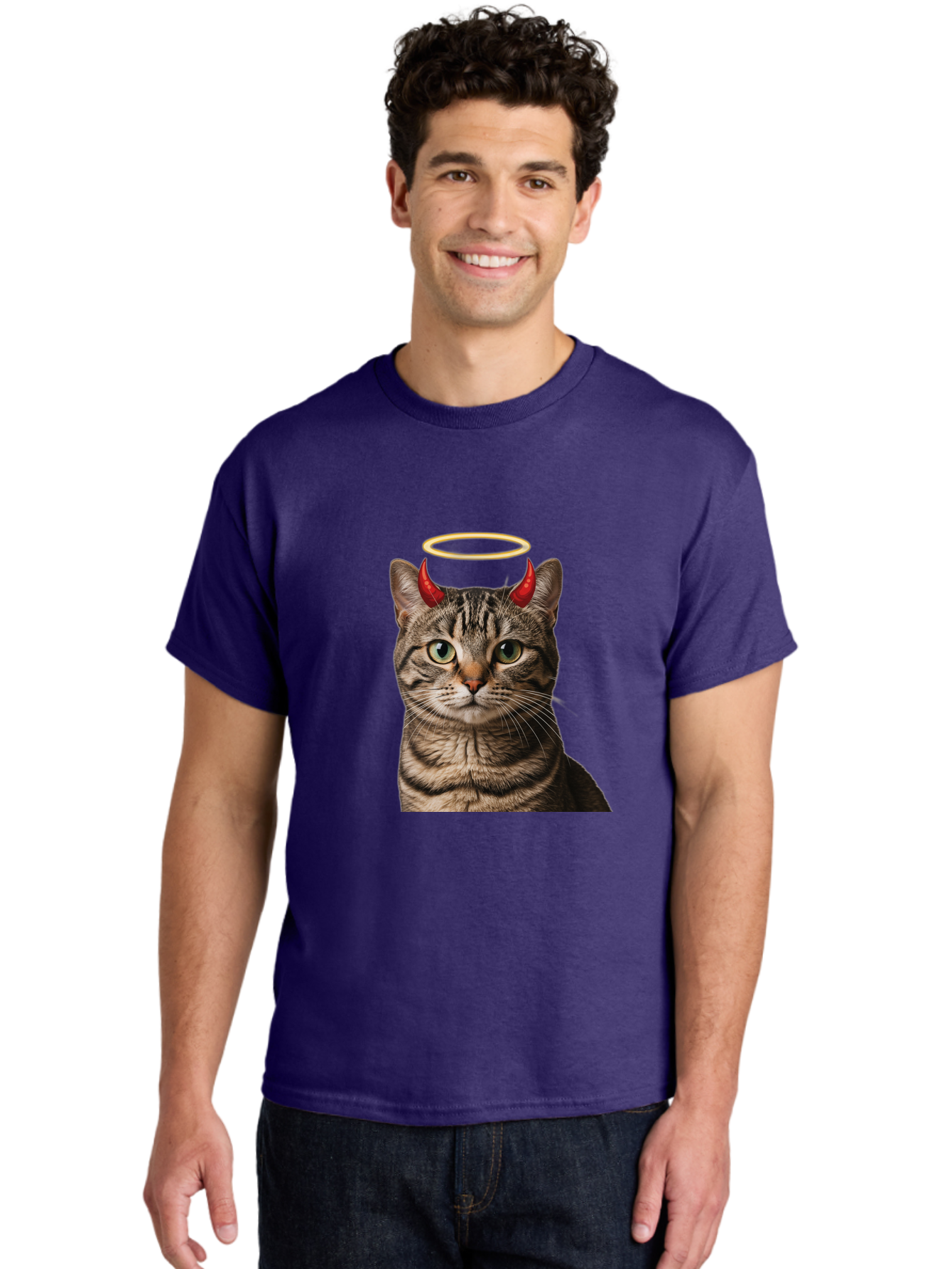 Tabby-Cat-With-Devil-Horns-And-Halo Men'S Graphic Tee, 100% Cotton, Comfortable Casual Summer Wear, Machine Washable, Vintage Camera, Old Camera, Antique Camera, Black Camera, Classic Photography, Photography Equipment, Nostalgic Device, Bao937