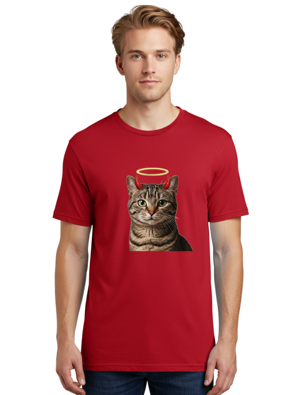 Tabby-Cat-With-Devil-Horns-And-Halo Men'S Graphic Tee, 100% Cotton, Comfortable Casual Summer Wear, Machine Washable, Vintage Camera, Old Camera, Antique Camera, Black Camera, Classic Photography, Photography Equipment, Nostalgic Device, Bao937