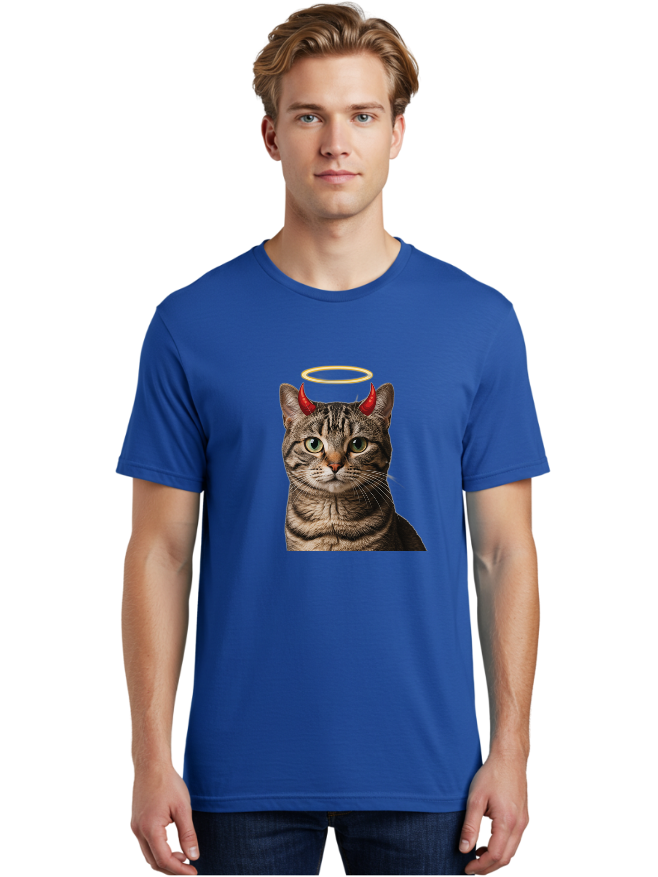 Tabby-Cat-With-Devil-Horns-And-Halo Men'S Graphic Tee, 100% Cotton, Comfortable Casual Summer Wear, Machine Washable, Vintage Camera, Old Camera, Antique Camera, Black Camera, Classic Photography, Photography Equipment, Nostalgic Device, Bao937