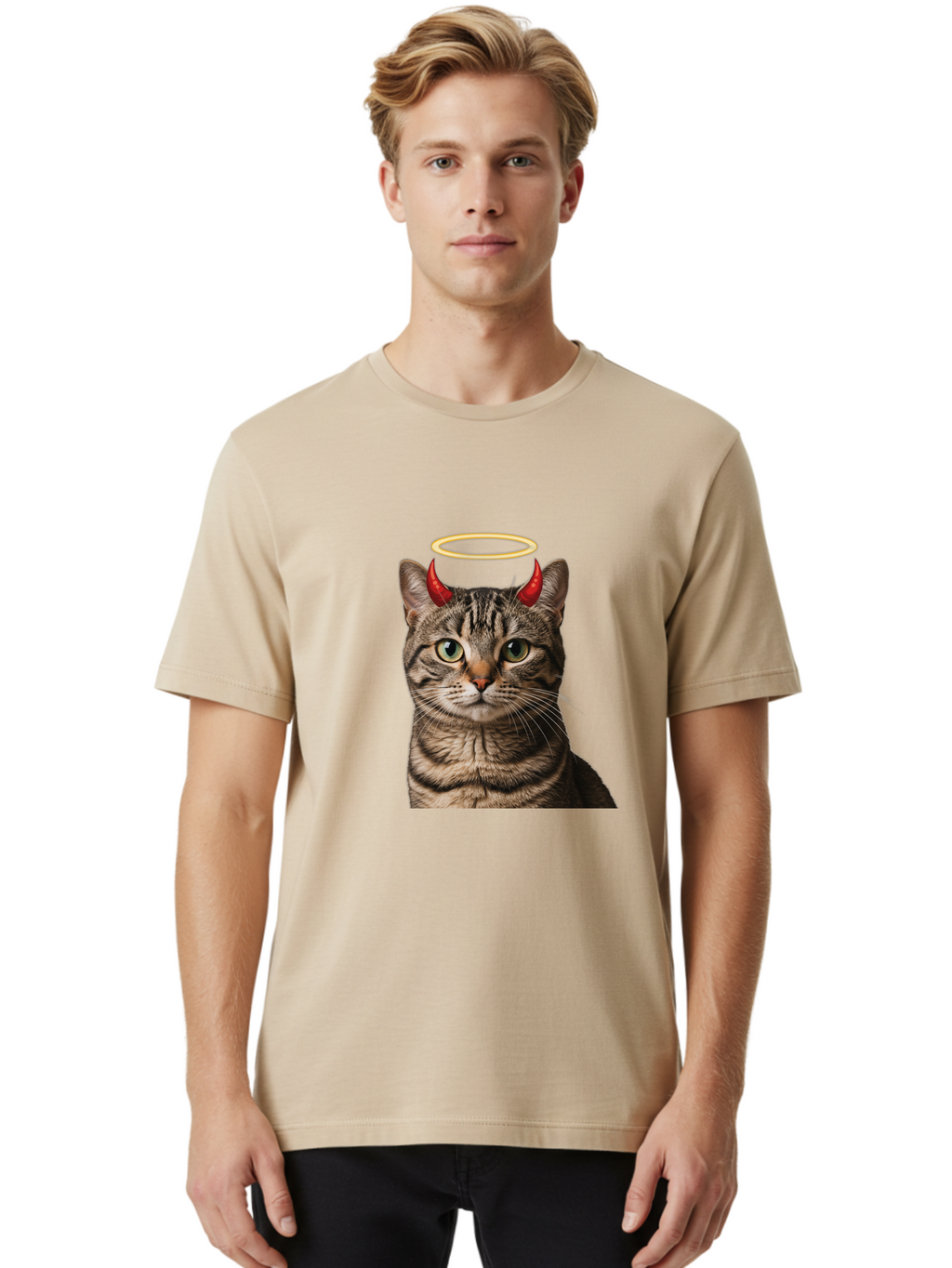 Tabby-Cat-With-Devil-Horns-And-Halo Men'S Graphic Tee, 100% Cotton, Comfortable Casual Summer Wear, Machine Washable, Vintage Camera, Old Camera, Antique Camera, Black Camera, Classic Photography, Photography Equipment, Nostalgic Device, Bao937