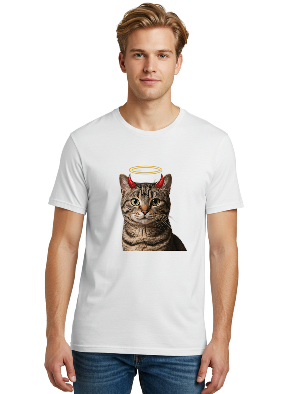 Tabby-Cat-With-Devil-Horns-And-Halo Men'S Graphic Tee, 100% Cotton, Comfortable Casual Summer Wear, Machine Washable, Vintage Camera, Old Camera, Antique Camera, Black Camera, Classic Photography, Photography Equipment, Nostalgic Device, Bao937