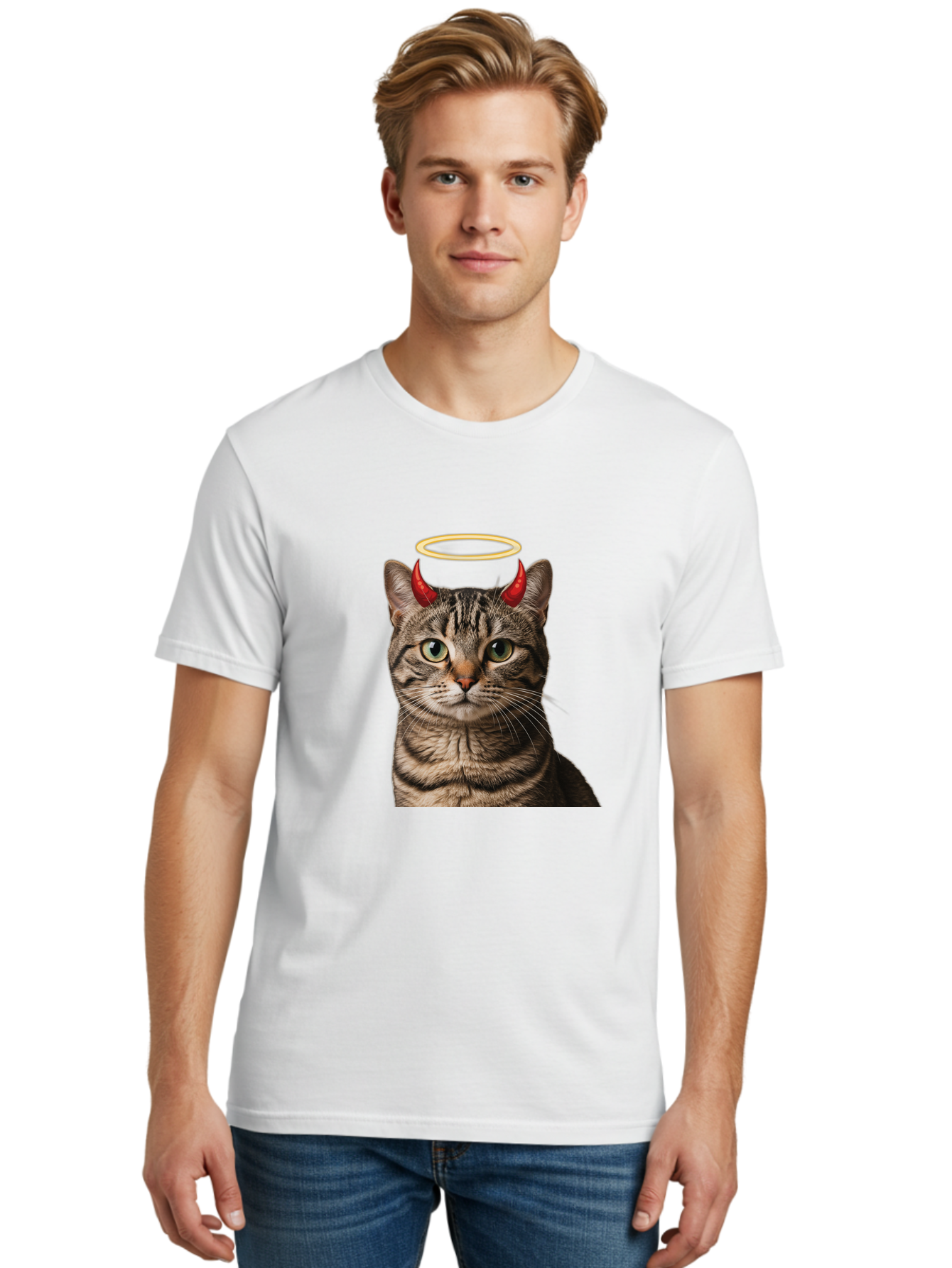 Tabby-Cat-With-Devil-Horns-And-Halo Men'S Graphic Tee, 100% Cotton, Comfortable Casual Summer Wear, Machine Washable, Vintage Camera, Old Camera, Antique Camera, Black Camera, Classic Photography, Photography Equipment, Nostalgic Device, Bao937