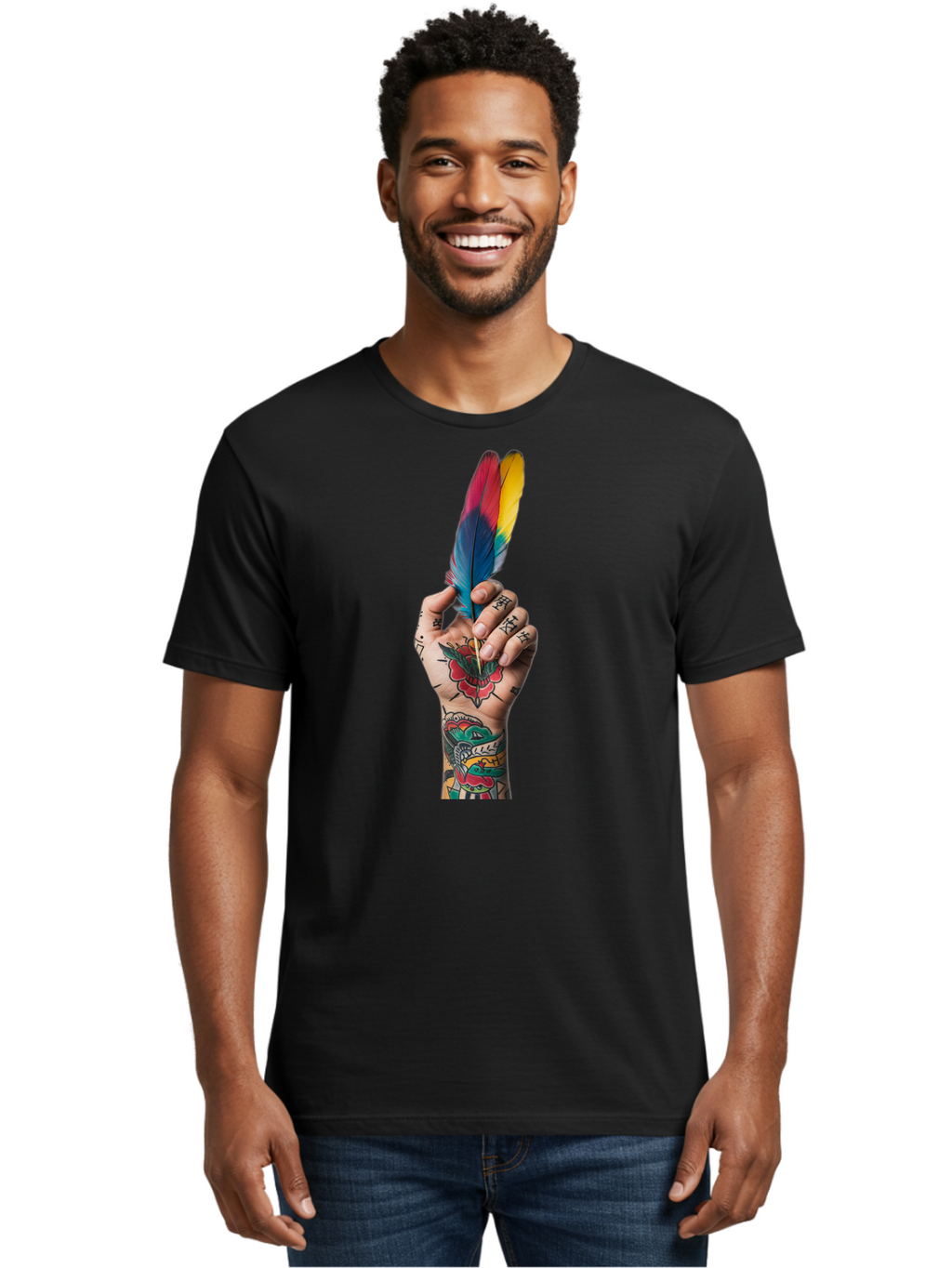 Tattooed-Hand-Holding-Feather Men'S Graphic Tee, 100% Cotton, Comfortable Casual Summer Wear, Machine Washable, Vintage Camera, Old Camera, Antique Camera, Black Camera, Classic Photography, Photography Equipment, Nostalgic Device, Bao943