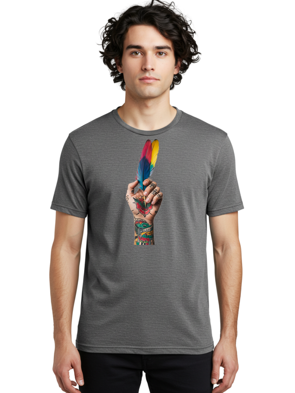 Tattooed-Hand-Holding-Feather Men'S Graphic Tee, 100% Cotton, Comfortable Casual Summer Wear, Machine Washable, Vintage Camera, Old Camera, Antique Camera, Black Camera, Classic Photography, Photography Equipment, Nostalgic Device, Bao943