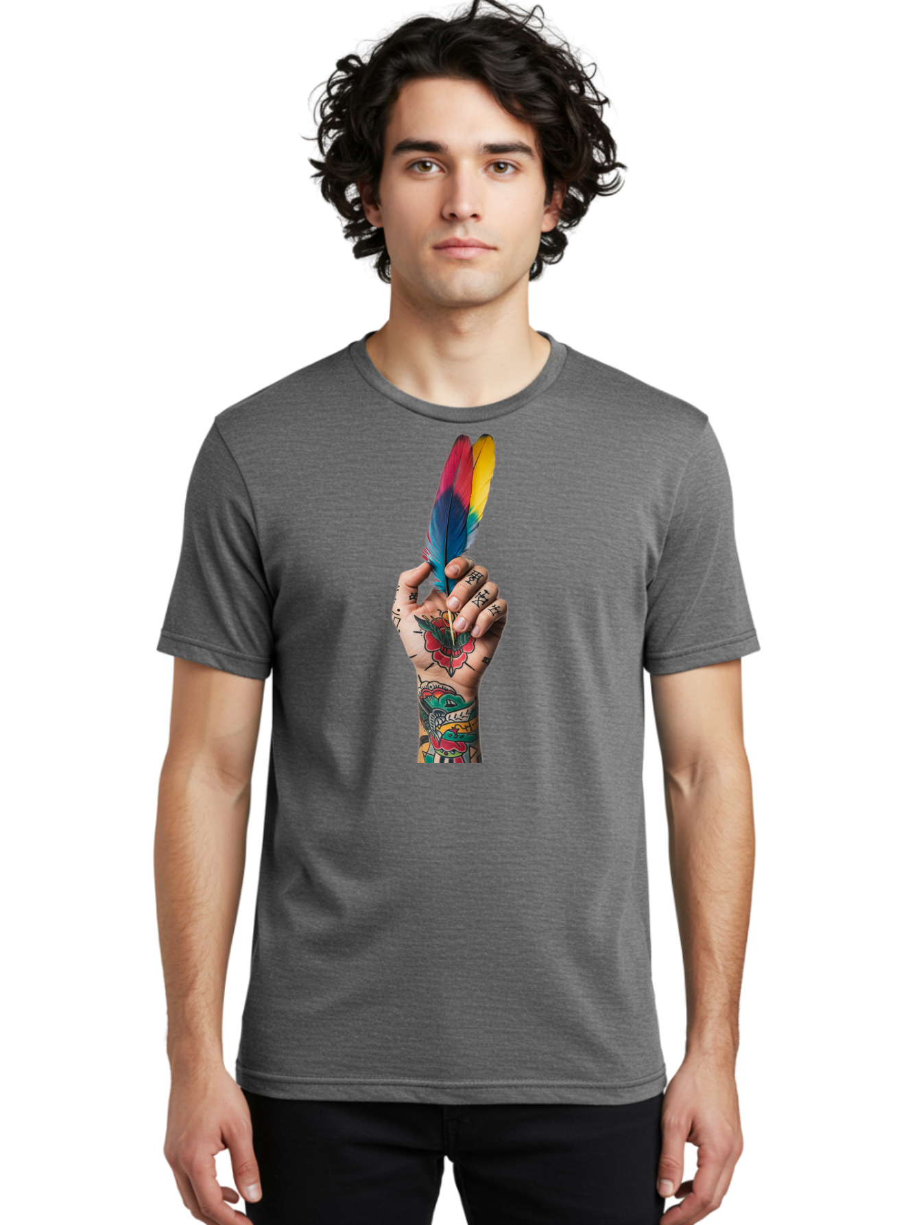 Tattooed-Hand-Holding-Feather Men'S Graphic Tee, 100% Cotton, Comfortable Casual Summer Wear, Machine Washable, Vintage Camera, Old Camera, Antique Camera, Black Camera, Classic Photography, Photography Equipment, Nostalgic Device, Bao943