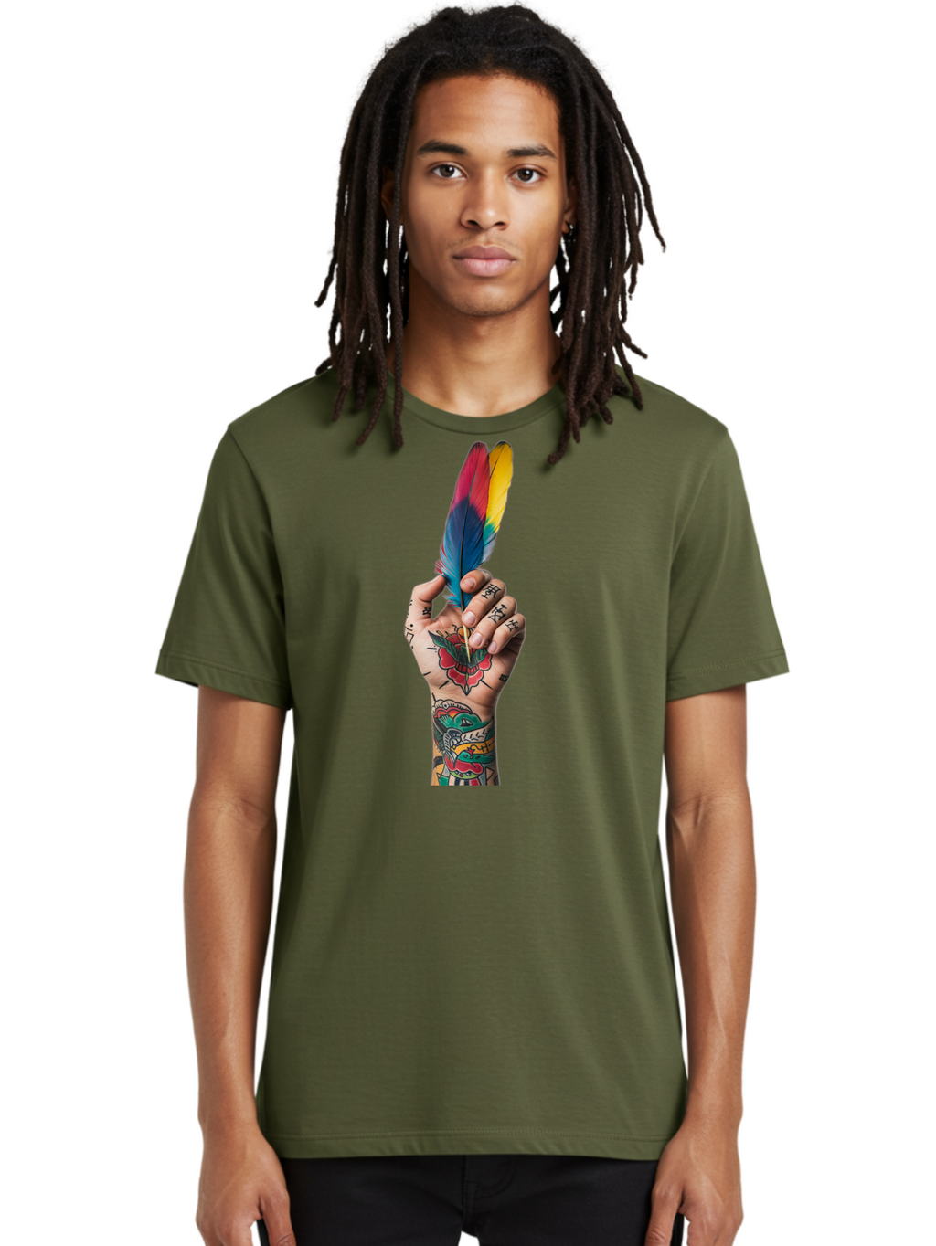 Tattooed-Hand-Holding-Feather Men'S Graphic Tee, 100% Cotton, Comfortable Casual Summer Wear, Machine Washable, Vintage Camera, Old Camera, Antique Camera, Black Camera, Classic Photography, Photography Equipment, Nostalgic Device, Bao943