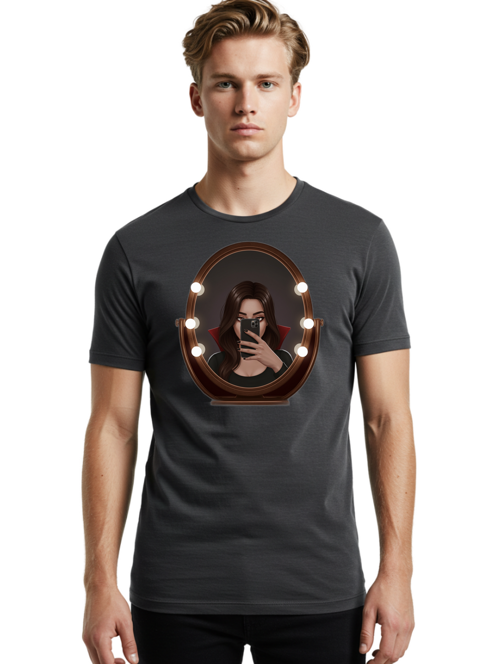 Vampire-Woman-Taking-Selfie Men'S Graphic Tee, 100% Cotton, Comfortable Casual Summer Wear, Machine Washable, Vintage Camera, Old Camera, Antique Camera, Black Camera, Classic Photography, Photography Equipment, Nostalgic Device, Film Camera, Bao992