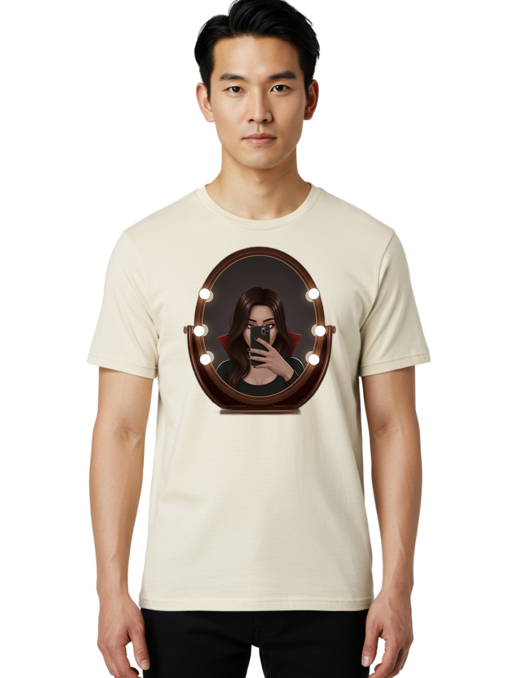 Vampire-Woman-Taking-Selfie Men'S Graphic Tee, 100% Cotton, Comfortable Casual Summer Wear, Machine Washable, Vintage Camera, Old Camera, Antique Camera, Black Camera, Classic Photography, Photography Equipment, Nostalgic Device, Film Camera, Bao992