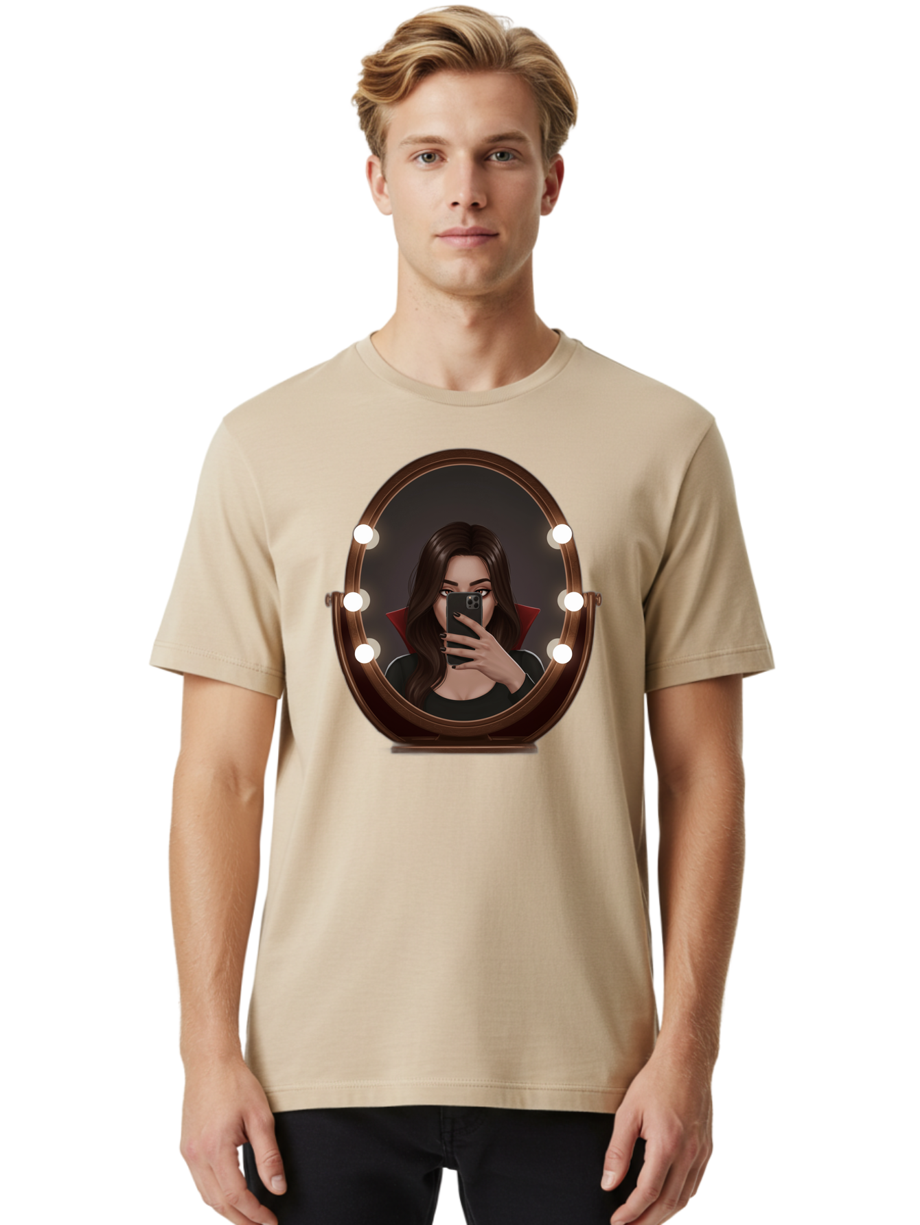 Vampire-Woman-Taking-Selfie Men'S Graphic Tee, 100% Cotton, Comfortable Casual Summer Wear, Machine Washable, Vintage Camera, Old Camera, Antique Camera, Black Camera, Classic Photography, Photography Equipment, Nostalgic Device, Film Camera, Bao992